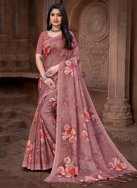 Onion Colour MAHI VE Fancy Designer Ethnic Wear Linen Digital Print Saree Collection M 06